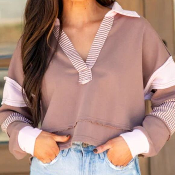 Women's Blue Blush Brown Pink Terry Long Sleeve Polo Size Large (8-10) Preppy - Picture 1 of 8